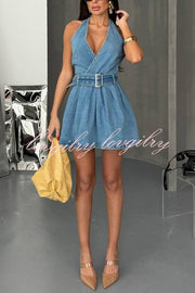 Fashionable Halterneck Open-back Belted Denim Mini Dress