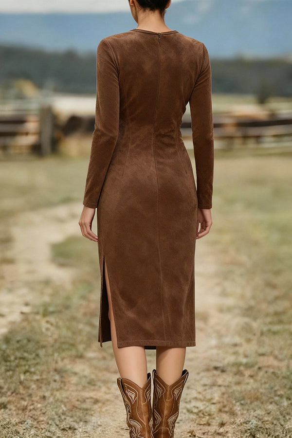 Solid Color Round Neck Long-sleeved Suede Slim-fit Tassel Midi Dress