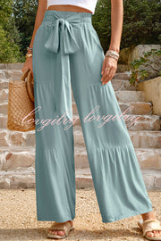 Rustic Patchwork Lace Up Pleated Wide Leg Pants