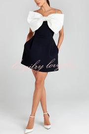 Eye-catching Satin Bow Applique Diamond Strap Contrast Pocketed Mini Dress