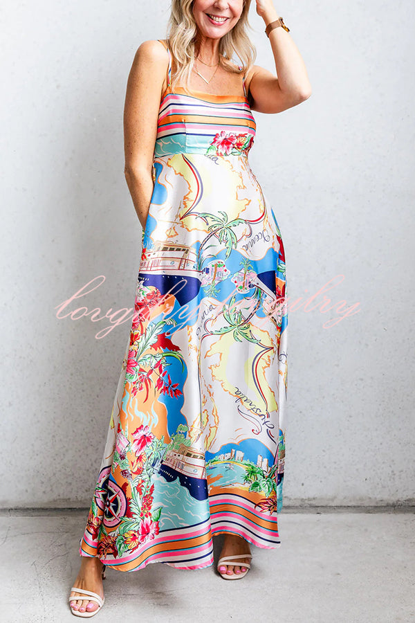 Satin Resort Print Sling Back Pleated Maxi Dress