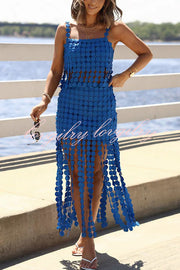 Caitlin See Through Circle Embroidery Square Neck Tassle Hem Slip Tank