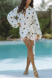 Effortlessly Linen Blend Polka Dot Balloon Sleeve Blouse and Wrap Tie-up Loose Mini Skirt Set