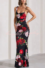 Keep Blooming Floral Print Asymmetric Cowl Neckline Stretch Maxi Dress