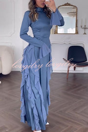 Cline Solid Color High Neck Long Sleeve Elegant Ruffles Maxi Dress