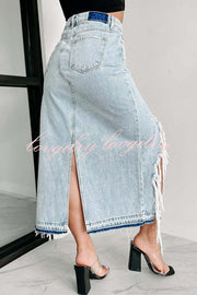 Darla Cutting Ties Heavily Distressed Denim Maxi Skirt