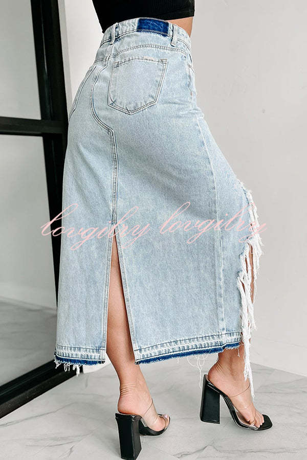 Darla Cutting Ties Heavily Distressed Denim Maxi Skirt