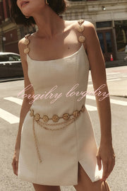 Timeless Exquisite Tweed Fabric Metal Coin Chain Detail Slip Mini Dress