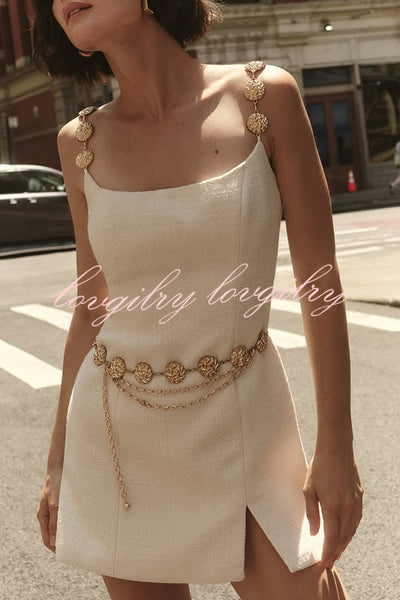 Timeless Exquisite Tweed Fabric Metal Coin Chain Detail Slip Mini Dress