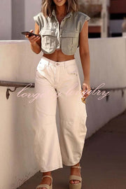 Stylish Weekend Denim Button Up Cape Sleeve Pocket Crop Top