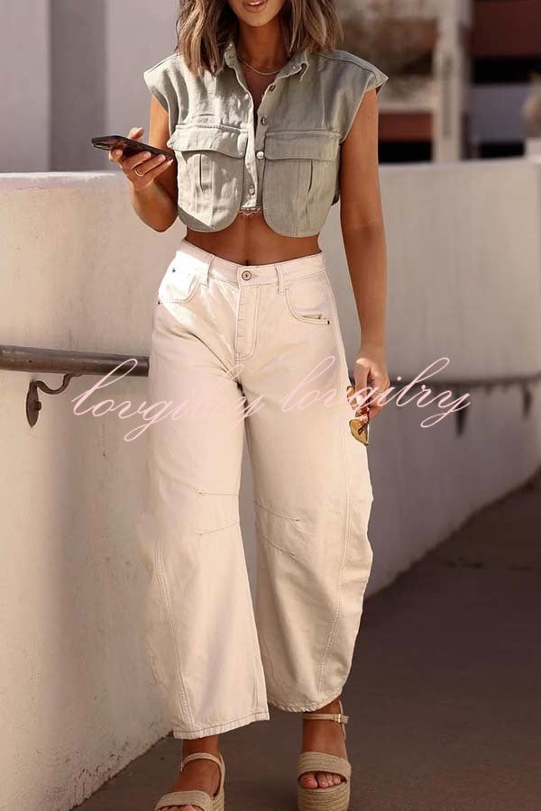 Stylish Weekend Denim Button Up Cape Sleeve Pocket Crop Top
