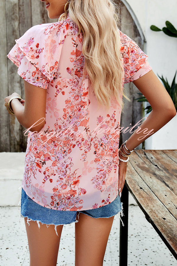 Floral Print Paneled Pleated Crew Neck Pullover Short Sleeved Top