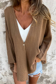 Solid Color V-neck Loose Long-sleeved Button Top