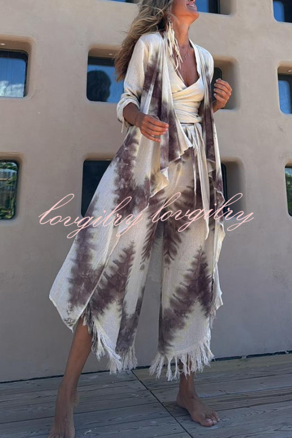 Kailani Linen Blend Tie-dye Print Irregular Hem Duster Kimono