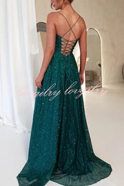 Cinderella Glitter Tulle Fabric Cowl Neck Back Lace-up Pocketed Slit Maxi Dress