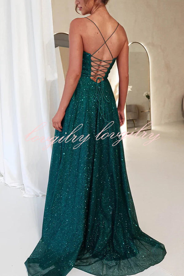 Cinderella Glitter Tulle Fabric Cowl Neck Back Lace-up Pocketed Slit Maxi Dress