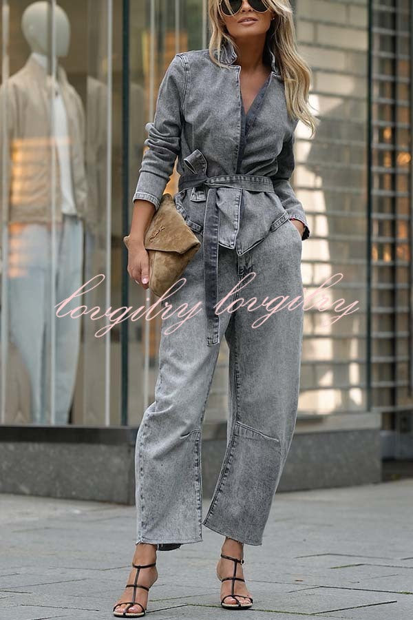 Casual Meetup Denim Stand Neck Long Sleeve Belted Loose Jacket