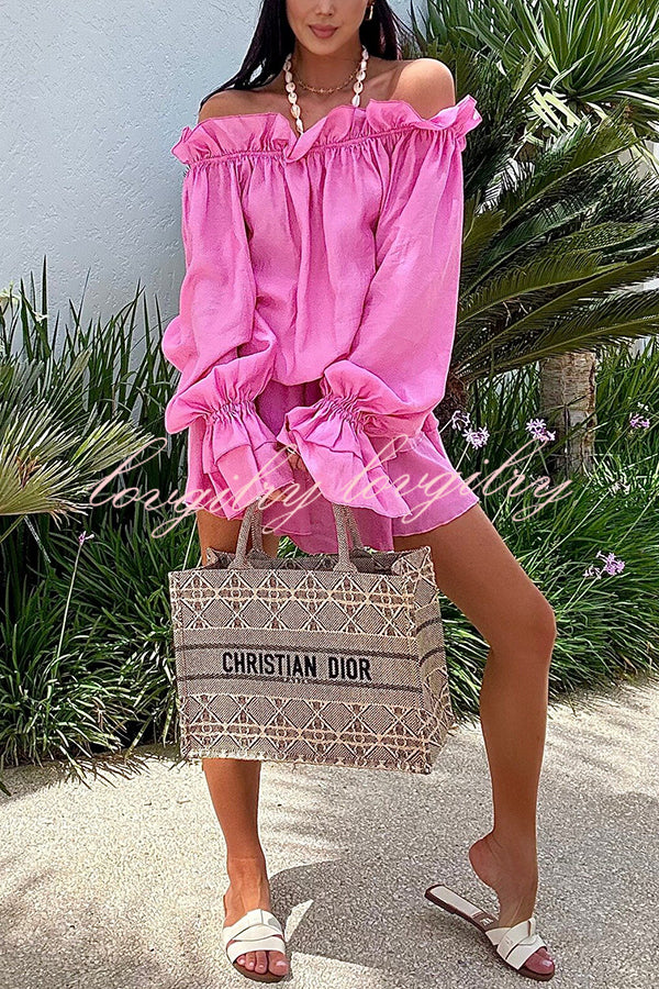 Arnell Linen Blend Off Shoulder Balloon Sleeve Shirt and Elastic Waist Layered Shorts Set