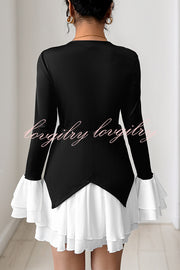 Fashionable Contrast Color Panel Long Sleeve Ruffled Mini Dress