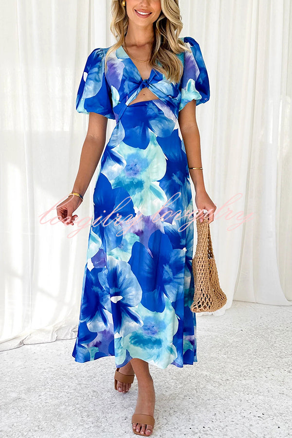 Sophia Floral Print Satin Puff Sleeve Twist Front Cutout Midi Dress