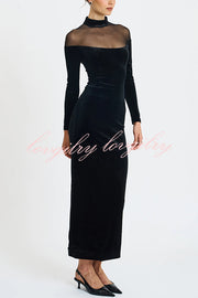 Fashionable Velvet and Mesh Spliced long-sleeved Slim-fit Maxi Dress