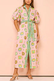 Orla Unique Print Balloon Sleeves Printed Belt Pocket Midi Dress