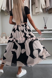 Colorblock Print Elastic Waist Relaxed Tulle Maxi Skirt