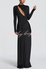 Sexy Cutout Fitted Long-sleeved Pleated Satin Ribbon Maxi Dresses
