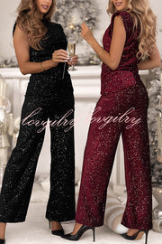 Stylish Sparkly Velvet Sequin Sleeveless Pleated Top and Casual Wide-leg Pants Set