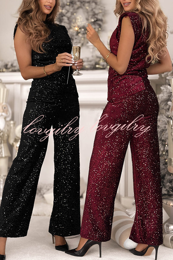 Stylish Sparkly Velvet Sequin Sleeveless Pleated Top and Casual Wide-leg Pants Set
