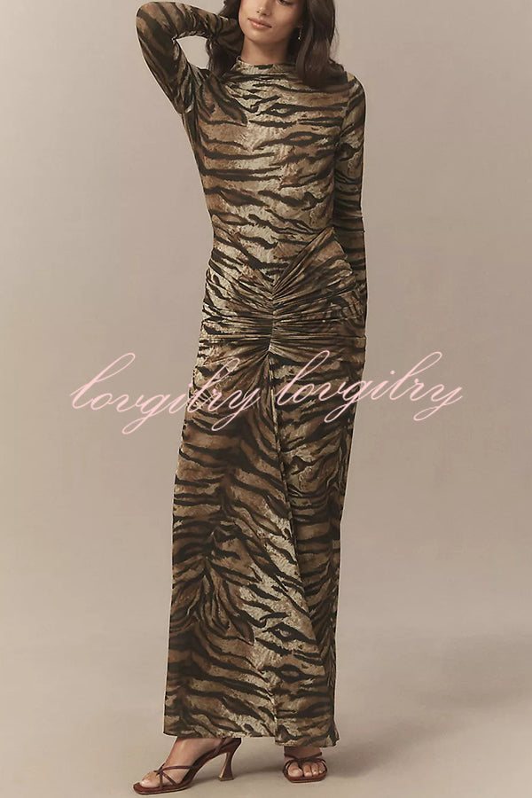 Winston Animal Print High-neck Long Sleeve Ruched Hip Stretch Maxi Dress