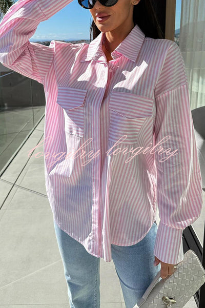 Stripe Print Lapel Long Sleeve Pocket Casual Shirt
