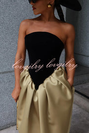 Like Porcelain Satin Patchwork Off Shoulder Pocketed Maxi Dress