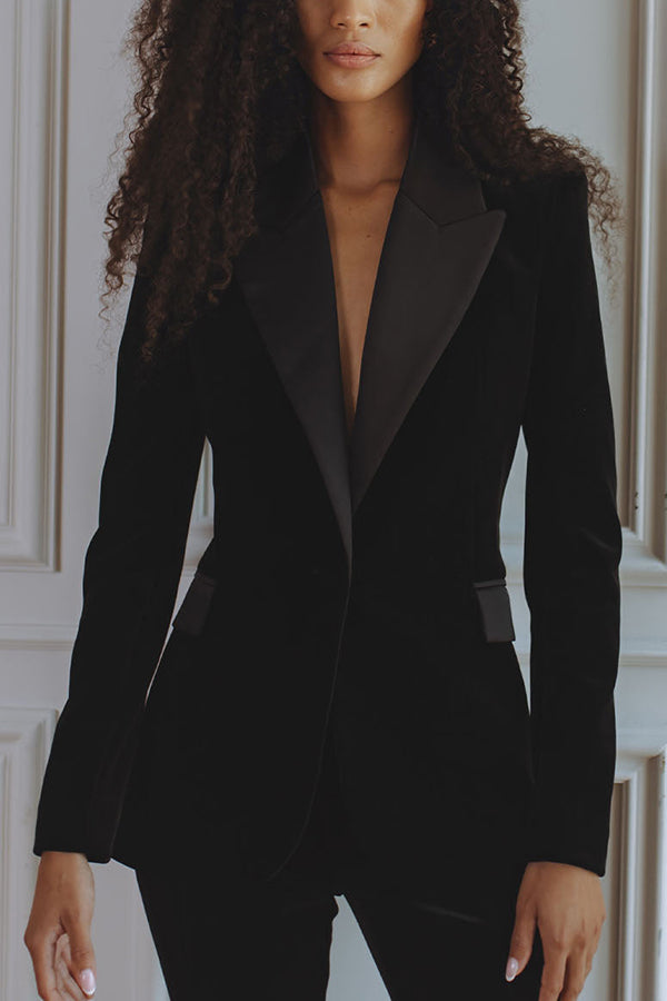 Delicate Daze Velvet Satin Lapel Button Up Long Sleeve Tapered Waist Blazer