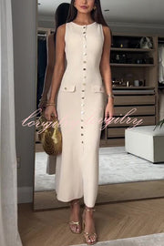 Solid Color Slim Fit Crew Neck Button Up Sleeveless Knitted Maxi Dress