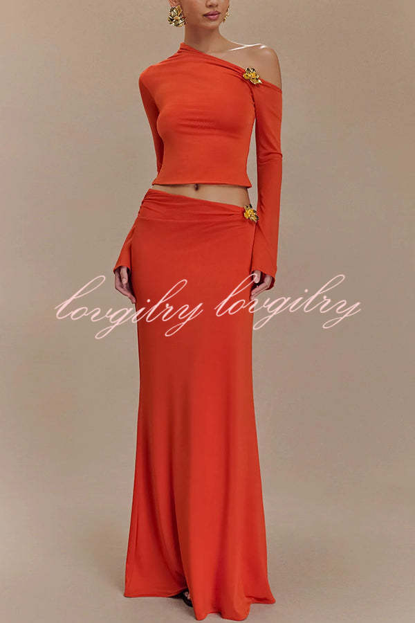 Ainsley Floral Hardware Asymmetrical Long Sleeve Stretch Top and Mid Rise Maxi Skirt Set