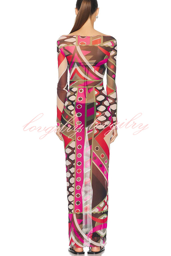 Gypsy Girl Mesh Unique Print Wide Neck Long Sleeve Stretch Maxi Dress