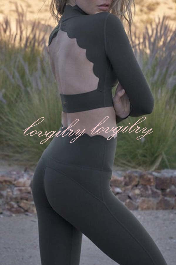 Open Back Petal Trim Long Sleeve Yoga Sports Crop Top