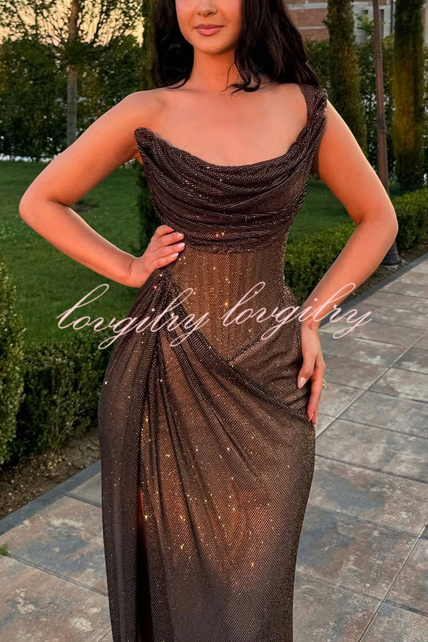 Glitzy Gala Glitter Fabric One Shoulder Ruched Slit Maxi Dress