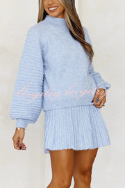 Solid Color Round Neck Puff Sleeve Loose Knit Sweater and Casual Striped Mini Skirt Set