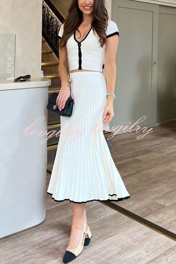 Stylish Stretch Fit Short-sleeve Top and Elastic Waist Midi Skirt Set