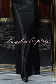 Lenox Satin One-Shoulder Drape Neck Crop Top and Lace Trim High Rise Flare Maxi Skirt Set