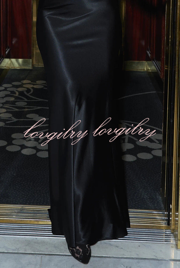 Lenox Satin One-Shoulder Drape Neck Crop Top and Lace Trim High Rise Flare Maxi Skirt Set