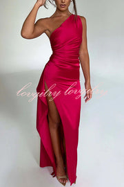 Fits Your Curves Satin One Shoulder Drape Slit Maxi Dress