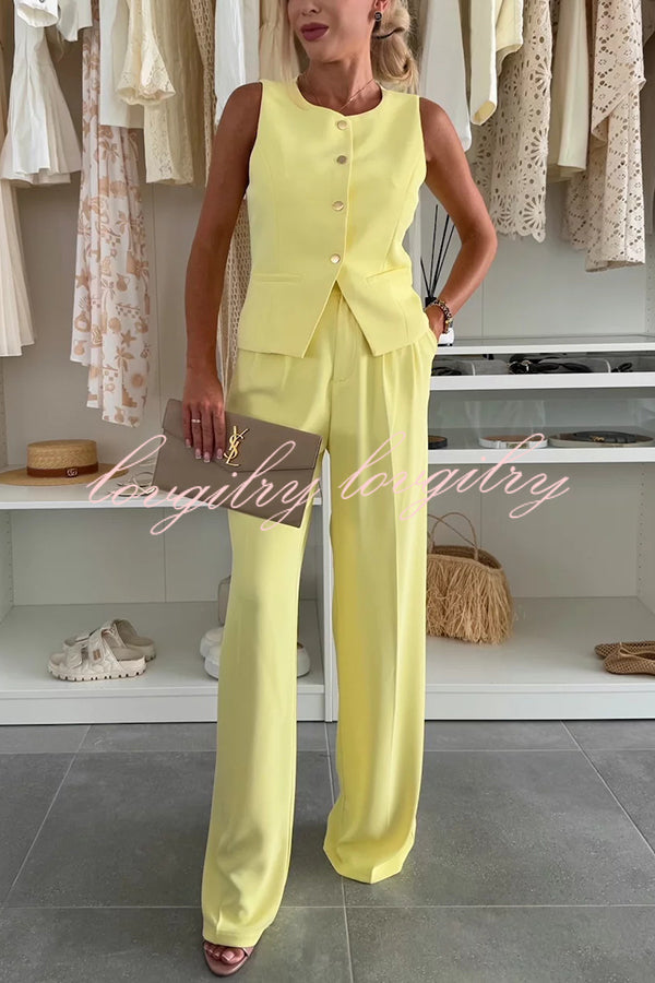 Workplace Chic Sleeveless Button Vest and Relaxed Pocket Wide Leg Pants Set