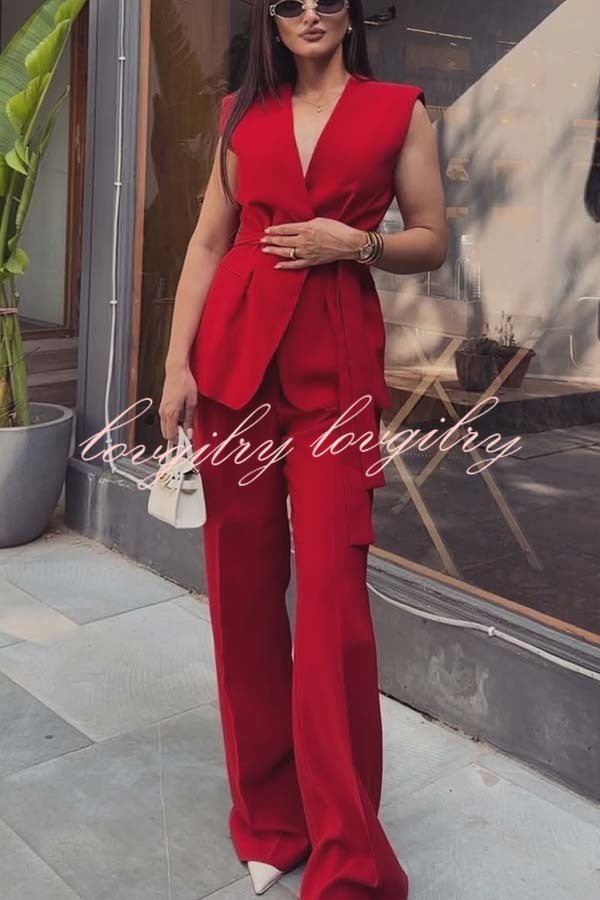 Keep It Classic V-neck Belted Vest and Mid Rise Pocket Wide Leg Pants Set