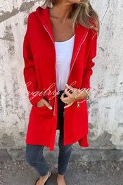 Solid Color Hooded Casual Zip Pocket Jacket