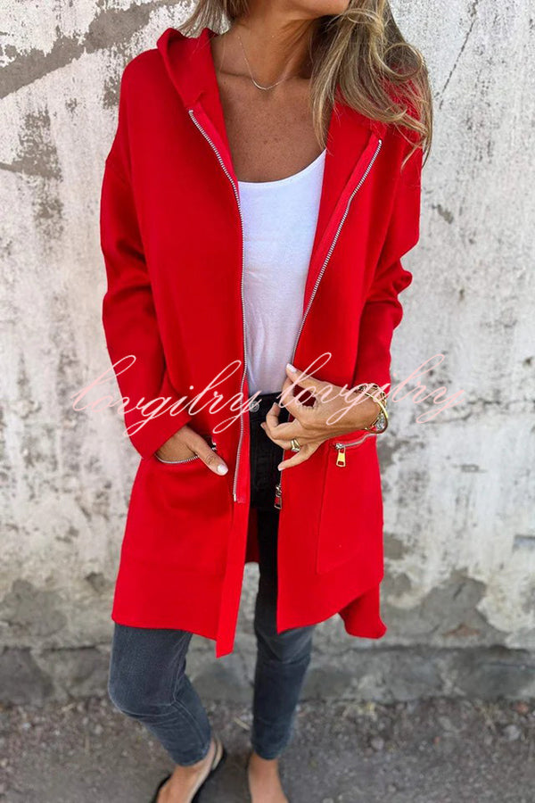 Solid Color Hooded Casual Zip Pocket Jacket