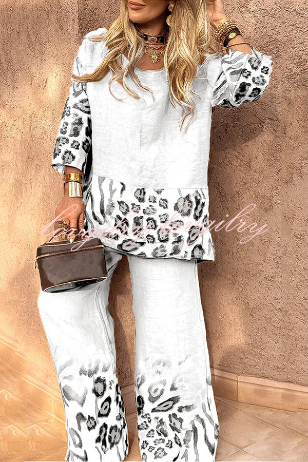 Leopard Print Crew Neck Loose Top and Elastic Waist Casual Wide-leg Pants Set