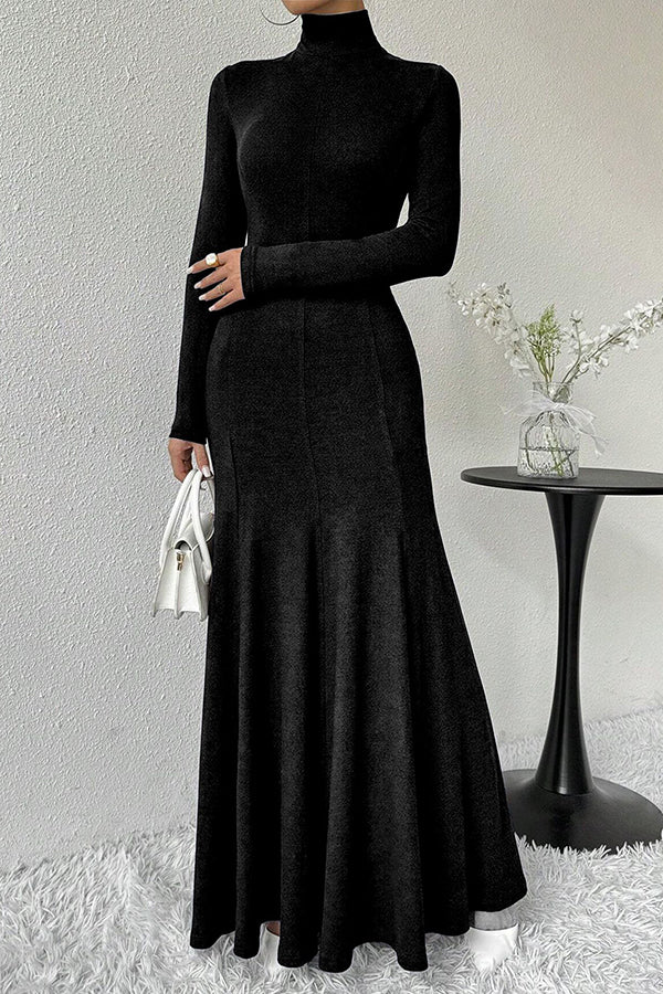 Solid Color High-neck Long-sleeved Slim-fit Fishtail Elegant Maxi Dress